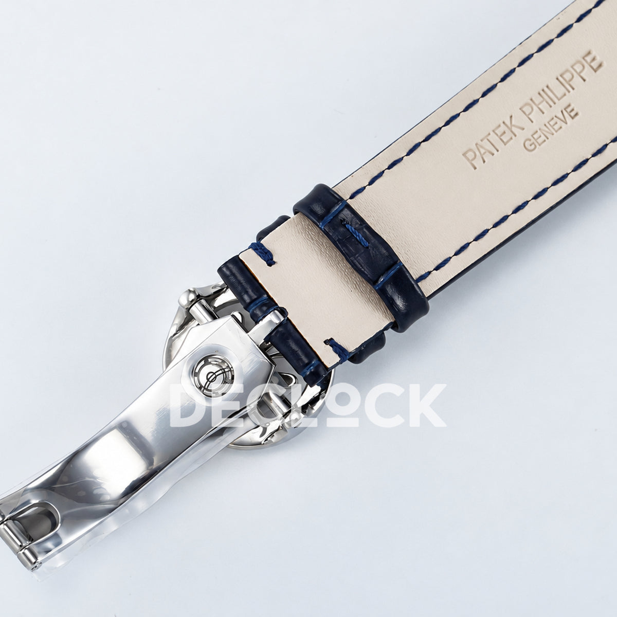 Patek Philippe Celestial Moon Age YLF replica with blue dial and blue leather strap — clasp underside