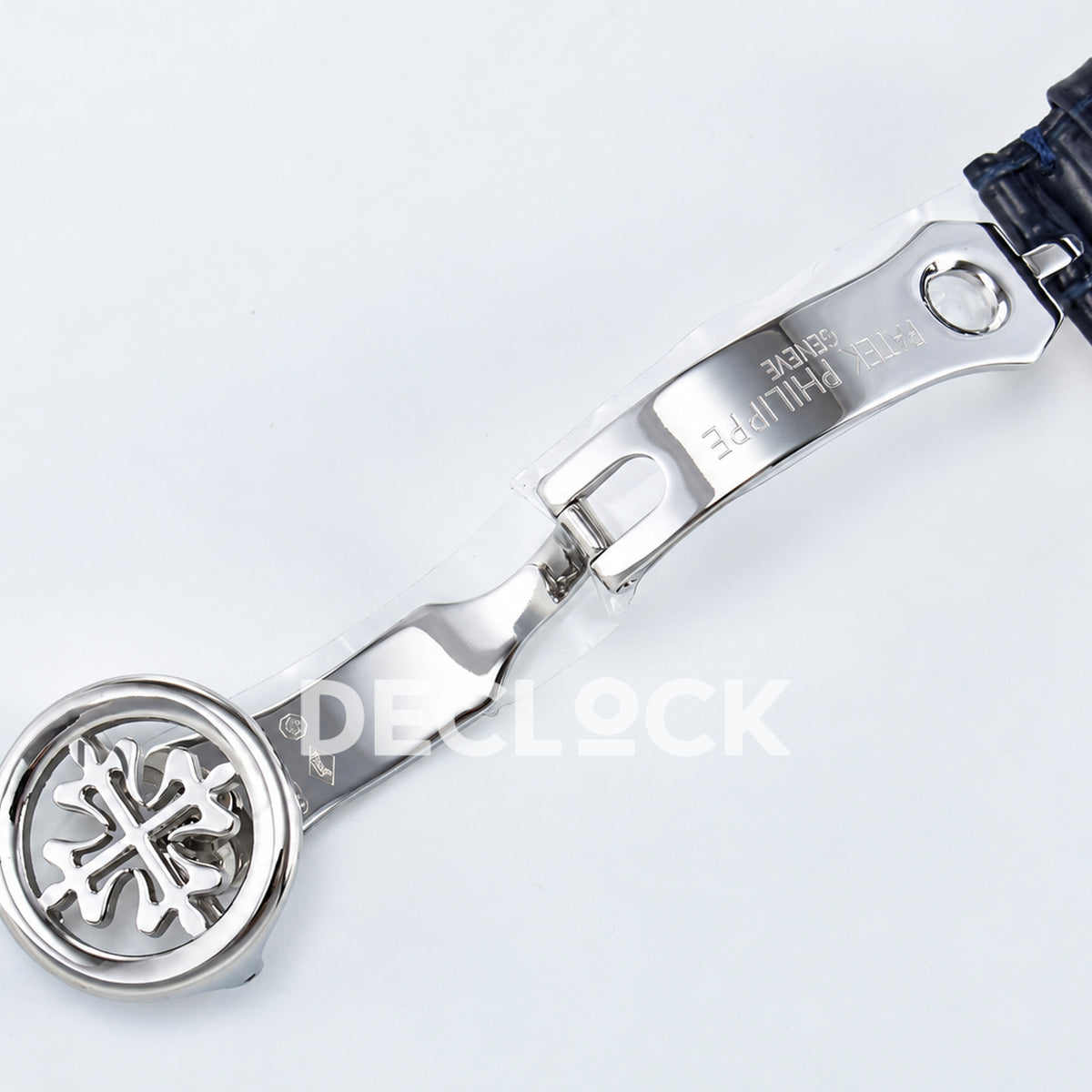 Patek Philippe Celestial Moon Age YLF replica with blue dial and blue leather strap — open clasp