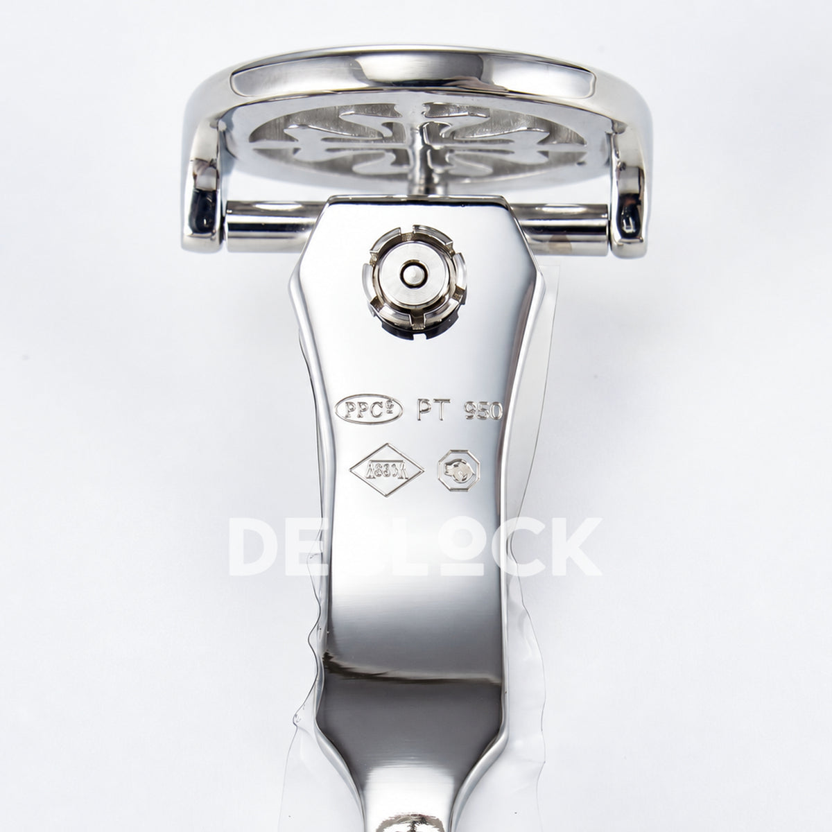 Patek Philippe Celestial Moon Age YLF replica with blue dial and blue leather strap — clasp hallmarks