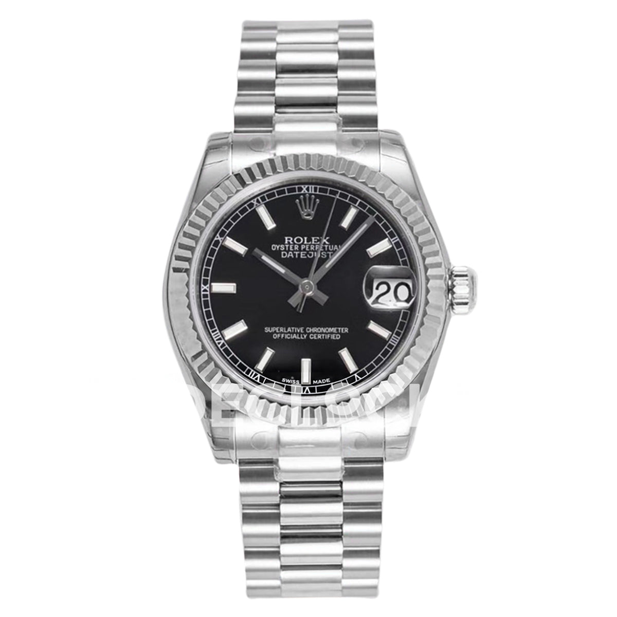 Rolex Datejust 31mm Black Baton Dial Steel President A2824 - front view