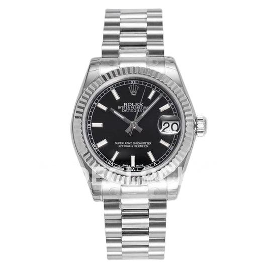 Rolex Datejust 31mm Black Baton Dial Steel President A2824 - front view