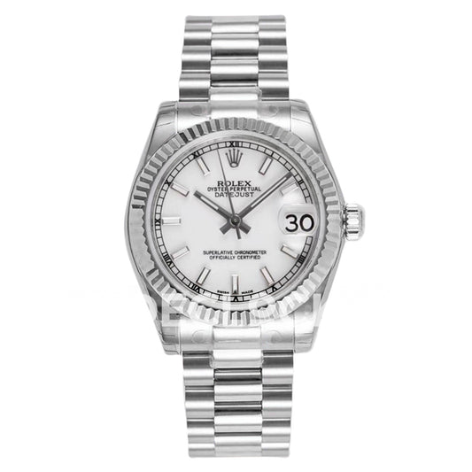 Rolex Datejust 31mm White Baton Dial Steel President A2824 - front view
