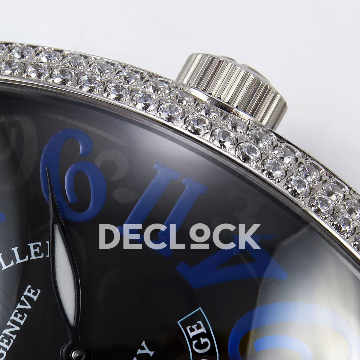 Franck Muller Crazy Hours Black Badge Steel Gems Blue Numerals TWF A23J replica - crown dial detail
