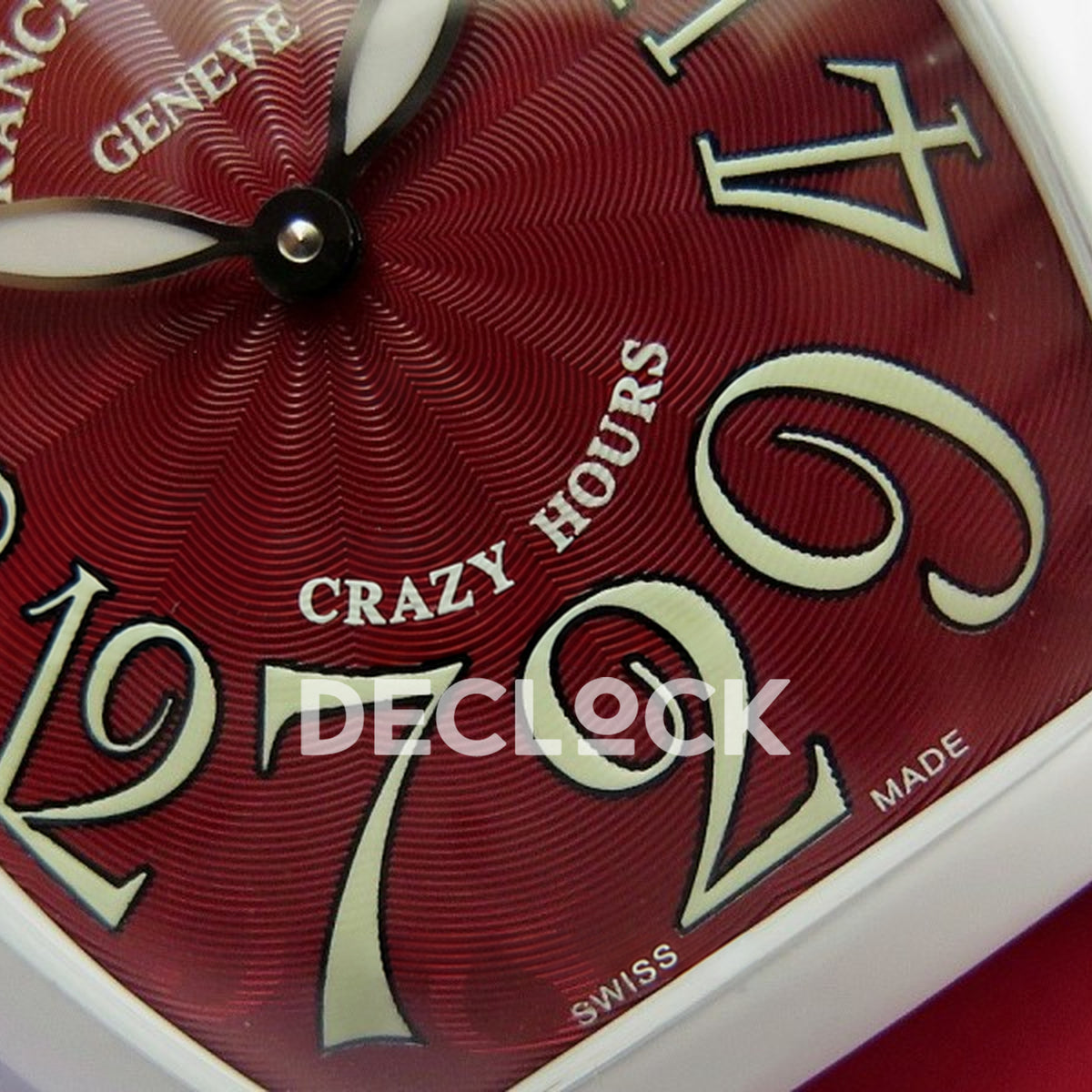 Franck Muller Crazy Hours White PVD Red Dial - Hands and numerals detail