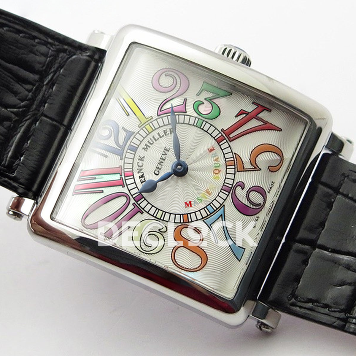 Franck Muller Master Square White Multicolor Arabic Dial Black Leather - Angled front view