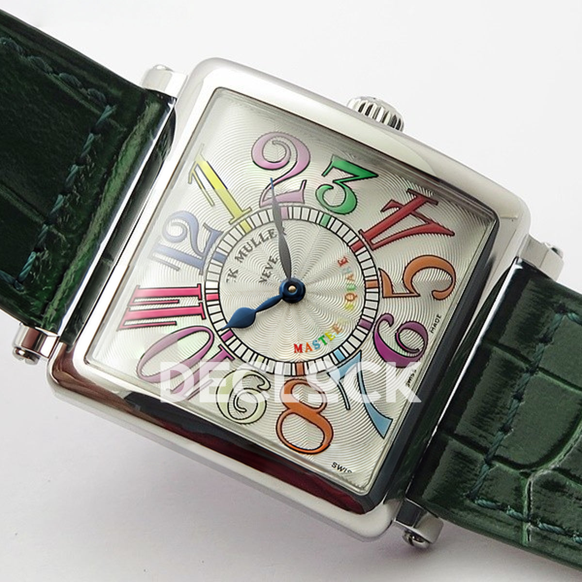Franck Muller Master Square White Multicolor Arabic Dial Green Leather - Angled front view