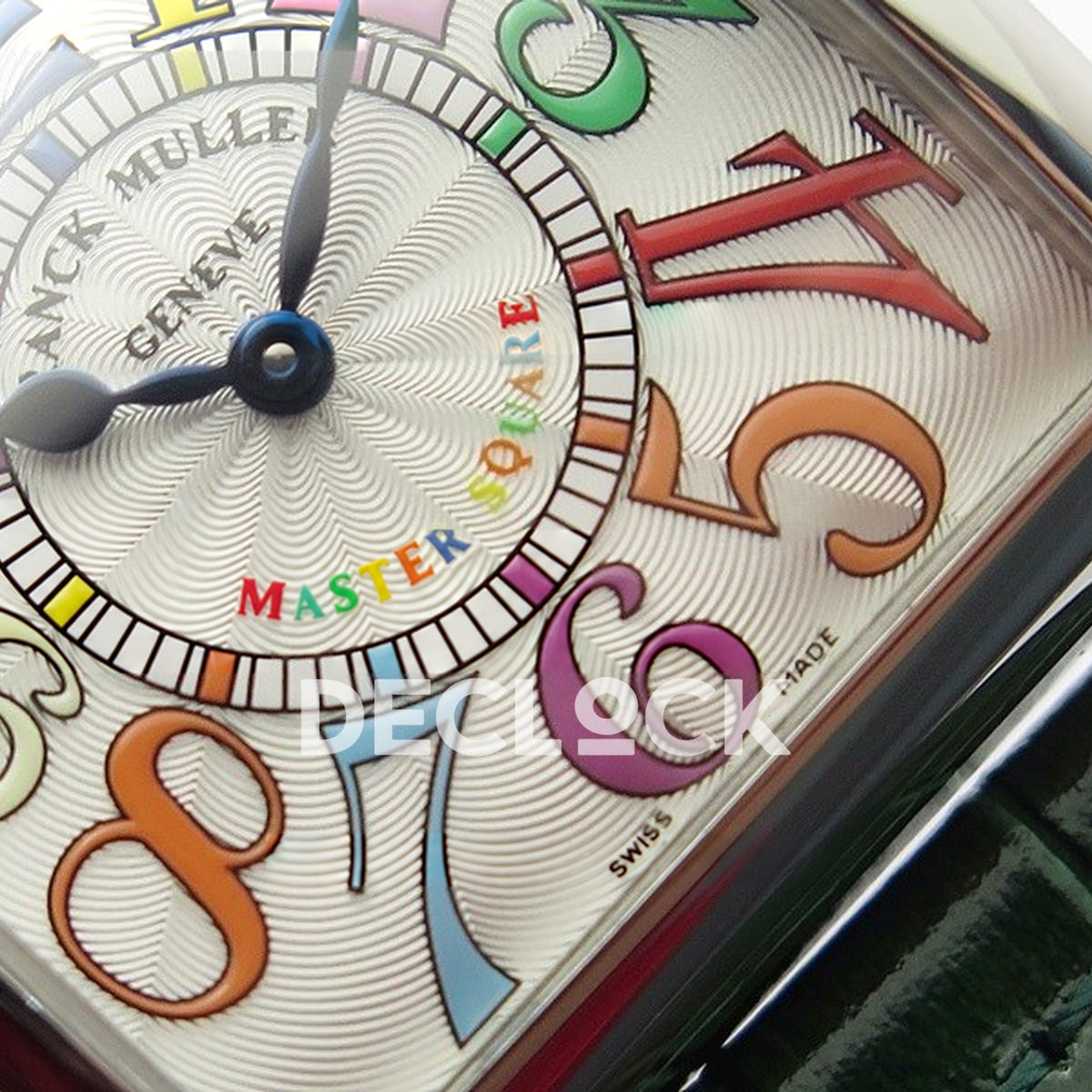 Franck Muller Master Square White Multicolor Arabic Dial Green Leather - Hands and dial detail