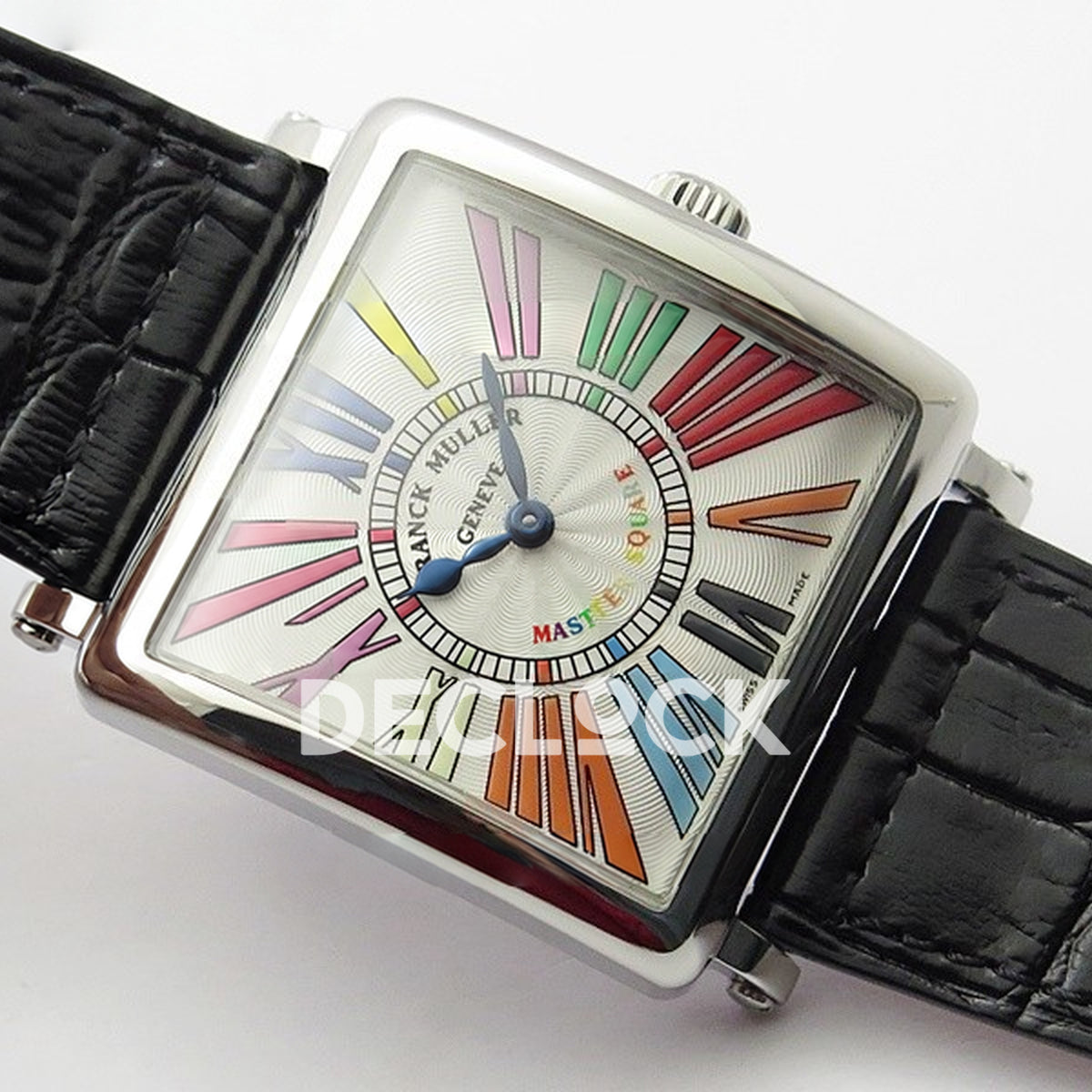 Franck Muller Master Square White Multicolor Roman Dial Black Leather - Angled front view