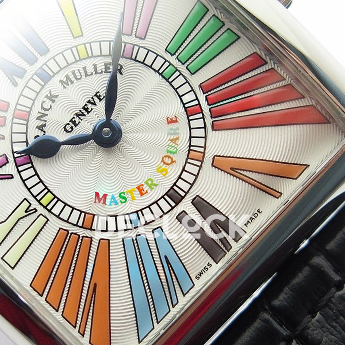 Franck Muller Master Square White Multicolor Roman Dial Black Leather - Hands and dial detail