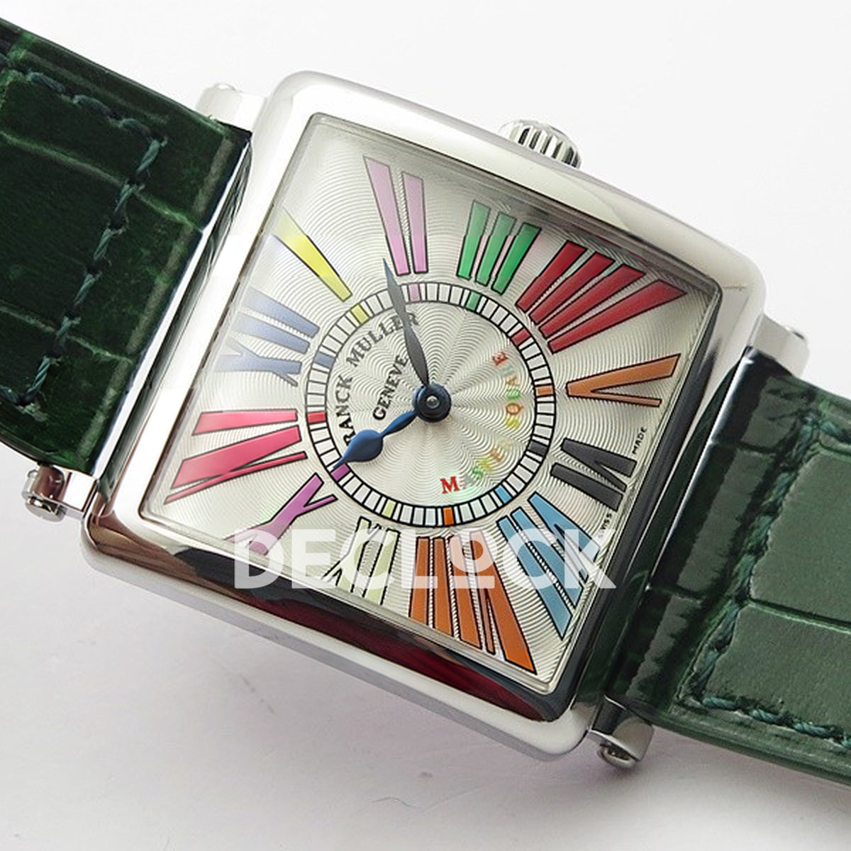 Franck Muller Master Square White Multicolor Roman Dial Green Leather - Angled front view