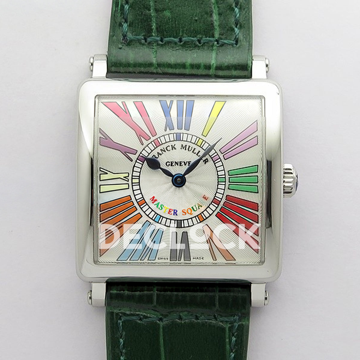 Franck Muller Master Square White Multicolor Roman Dial Green Leather - Front view
