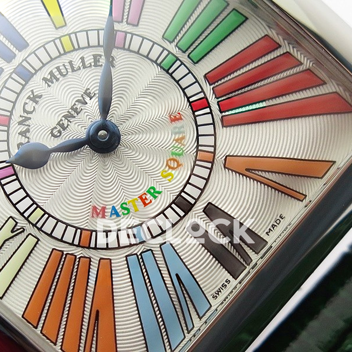Franck Muller Master Square White Multicolor Roman Dial Green Leather - Hands and dial detail
