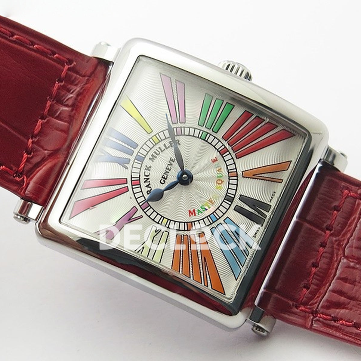 Franck Muller Master Square White Multicolor Roman Dial Red Leather - Angled front view
