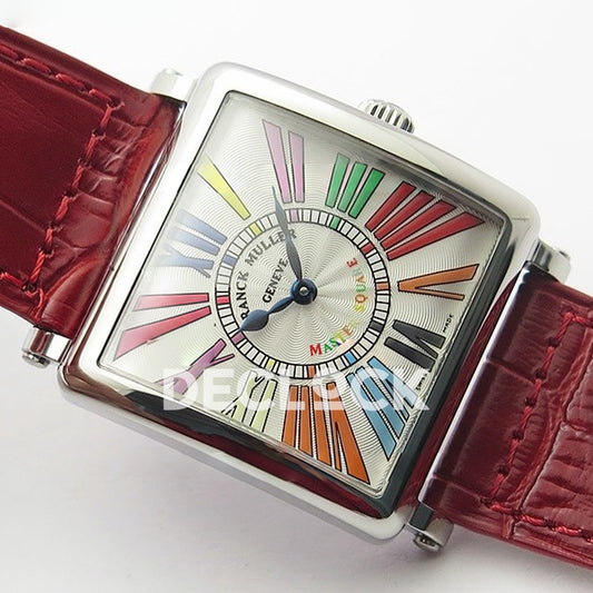 Franck Muller Master Square White Multicolor Roman Dial Red Leather - Angled front view