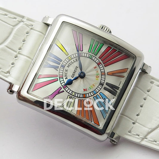Franck Muller Master Square White Multicolor Roman Dial White Leather - Angled front view