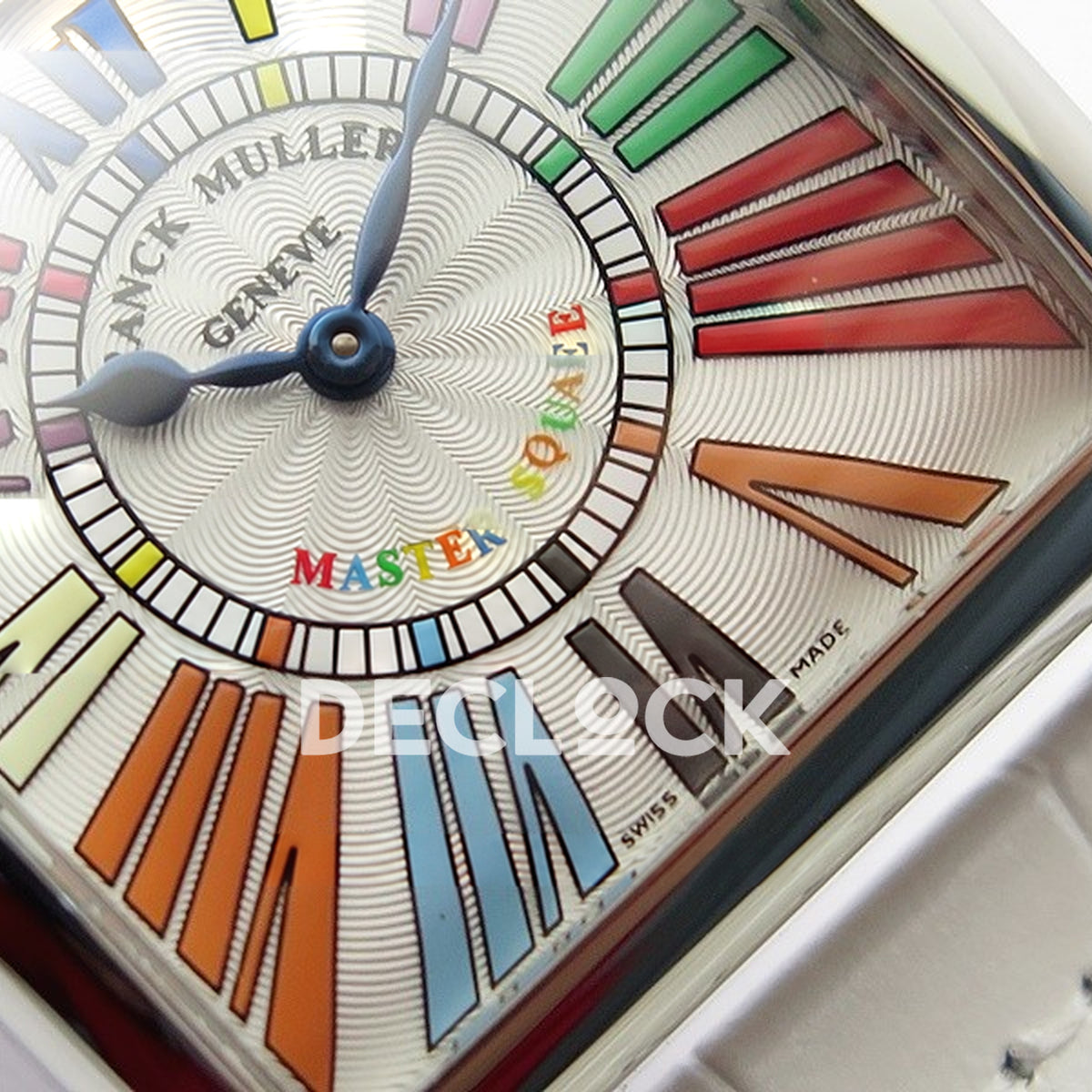 Franck Muller Master Square White Multicolor Roman Dial White Leather - Hands and dial detail