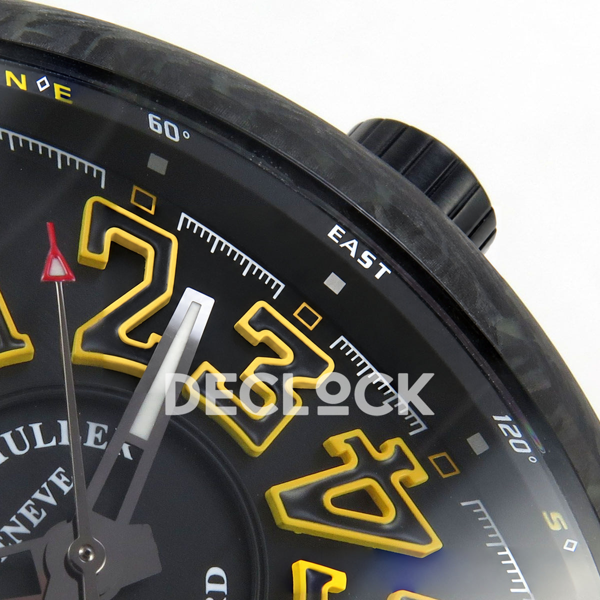 Franck Muller Vanguard Carbon Look Black Yellow ABF A2824 replica - crown dial detail