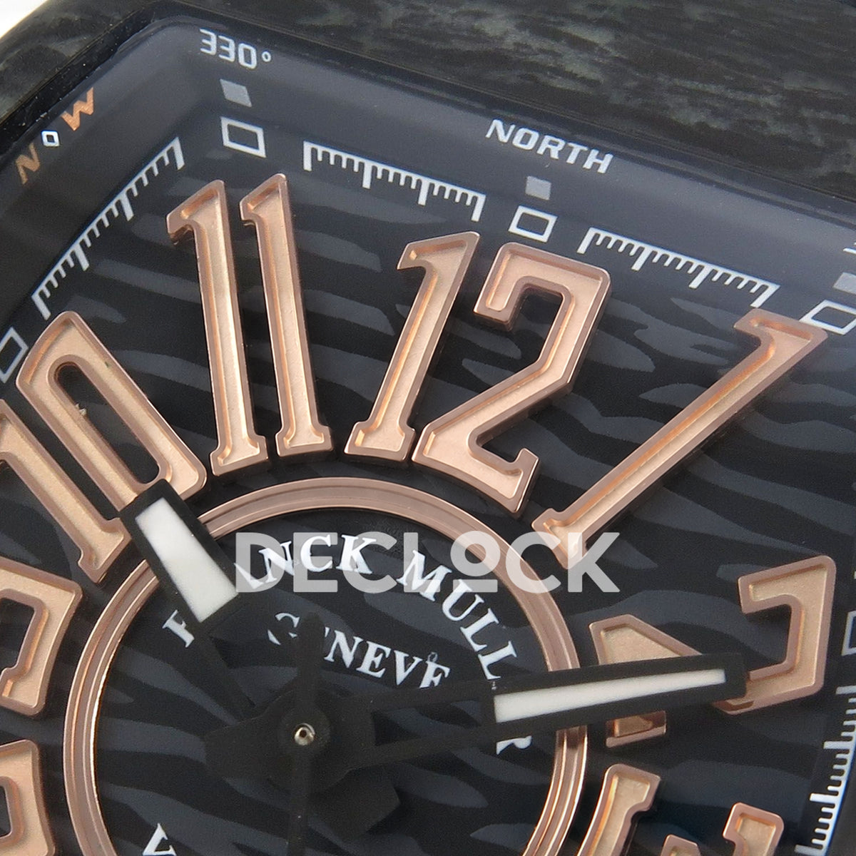 Franck Muller Vanguard Carbon Rose Gold Markers ABF replica - upper dial closeup
