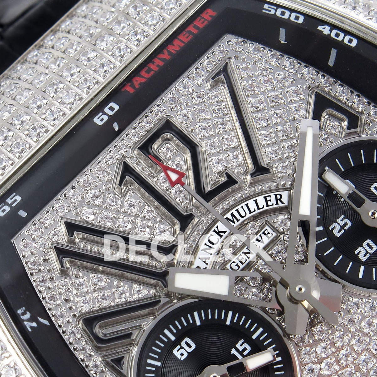 Franck Muller Vanguard Chrono Steel Pave Black Subdials ABF A7750 replica - upper dial closeup