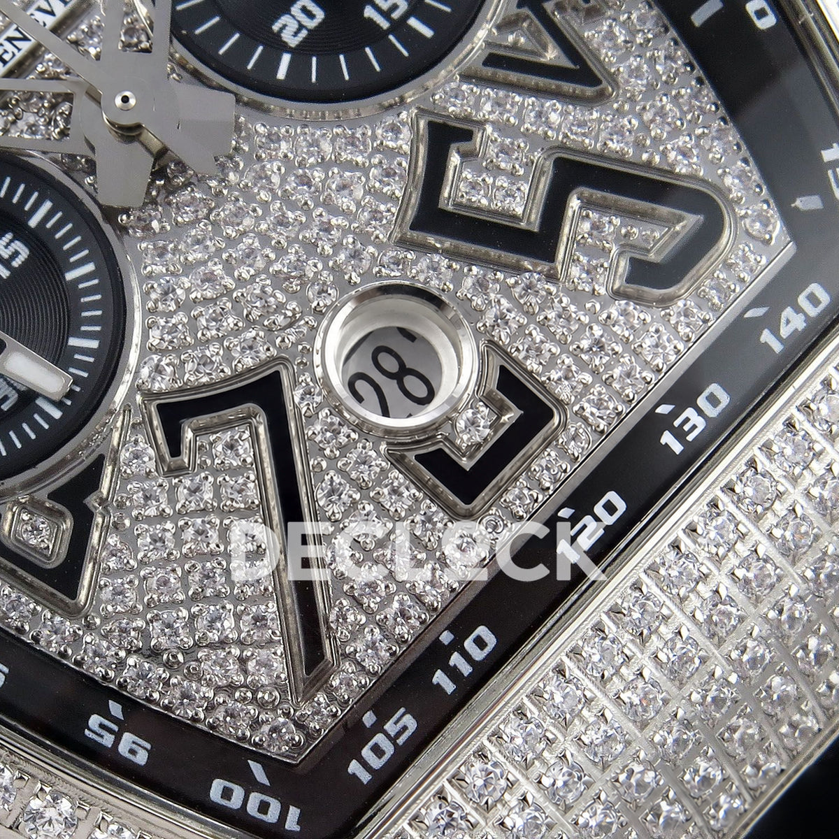 Franck Muller Vanguard Chrono Steel Pave Black Subdials ABF A7750 replica - lower dial closeup