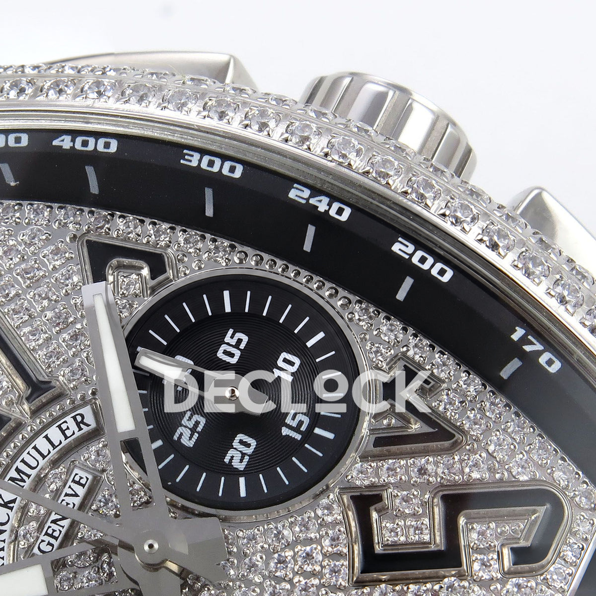 Franck Muller Vanguard Chrono Steel Pave Black Subdials ABF A7750 replica - crown subdial detail