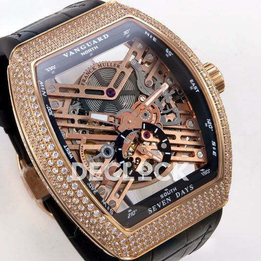 Franck Muller Vanguard Skeleton V45 Rose Gold Gems ABF replica - three quarter right