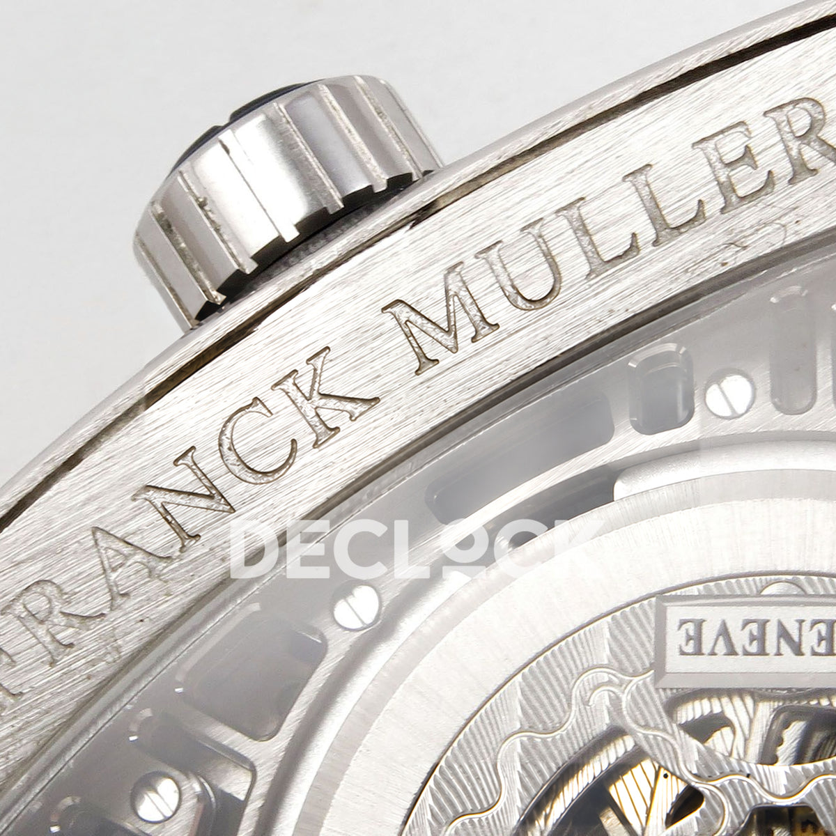 Franck Muller Vanguard Skeleton V45 Steel Gems ABF replica - caseback brand engraving