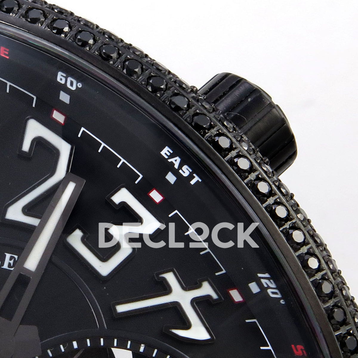 Franck Muller Vanguard V45 Tourbillon Style DLC Black Gems ABF replica - upper dial and crown