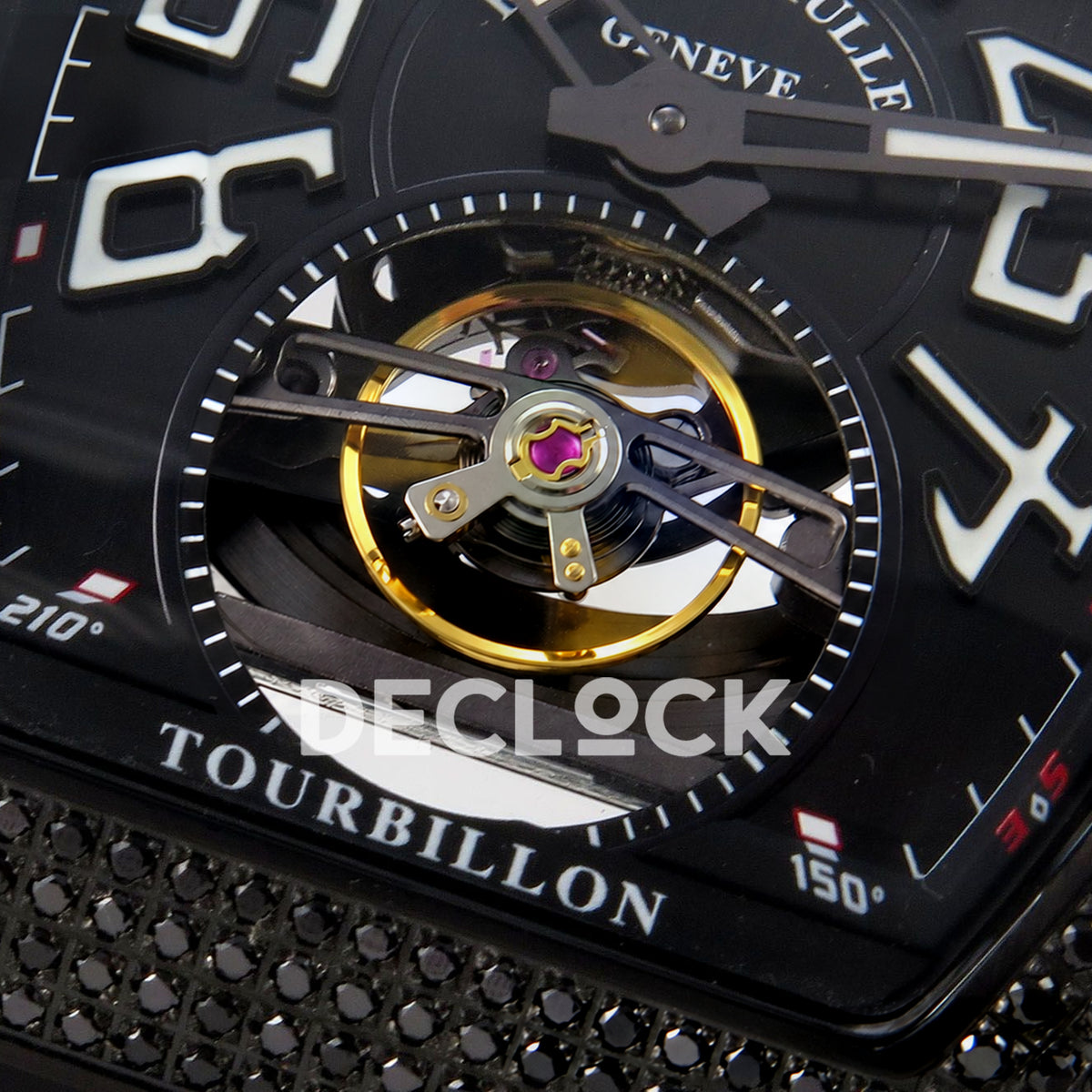 Franck Muller Vanguard V45 Tourbillon Style DLC Black Gems ABF replica - open balance macro