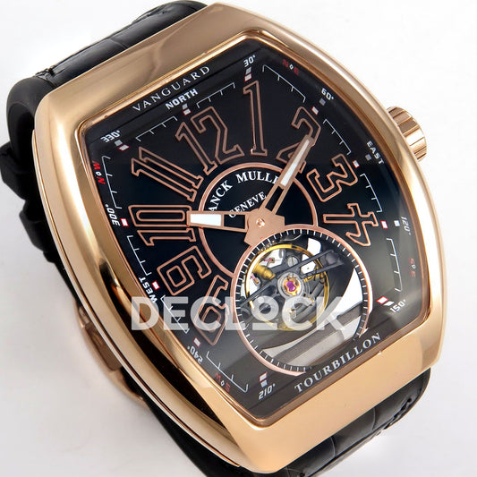 Franck Muller Vanguard V45 Tourbillon Style Rose Gold Black Leather ABF replica - right three quarter
