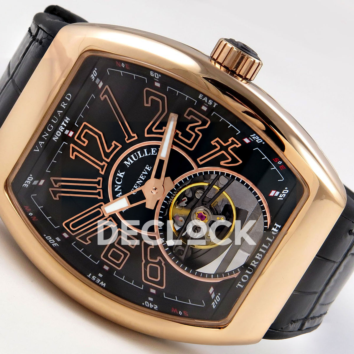 Franck Muller Vanguard V45 Tourbillon Style Rose Gold Black Leather ABF replica - left three quarter