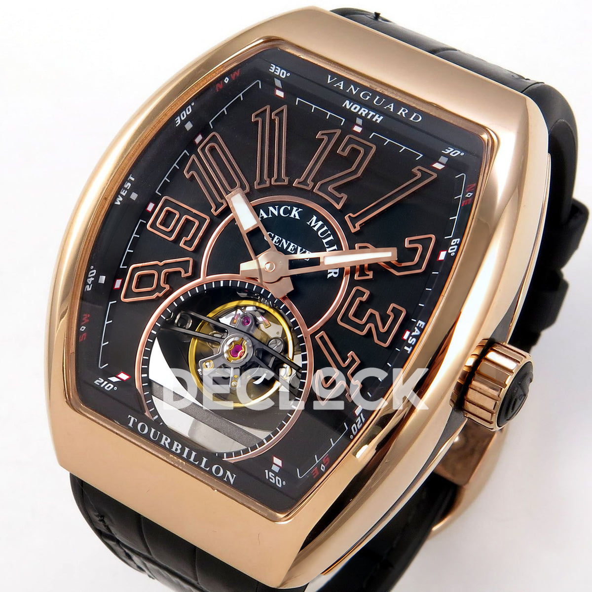 Franck Muller Vanguard V45 Tourbillon Style Rose Gold Black Leather ABF replica - dial angle