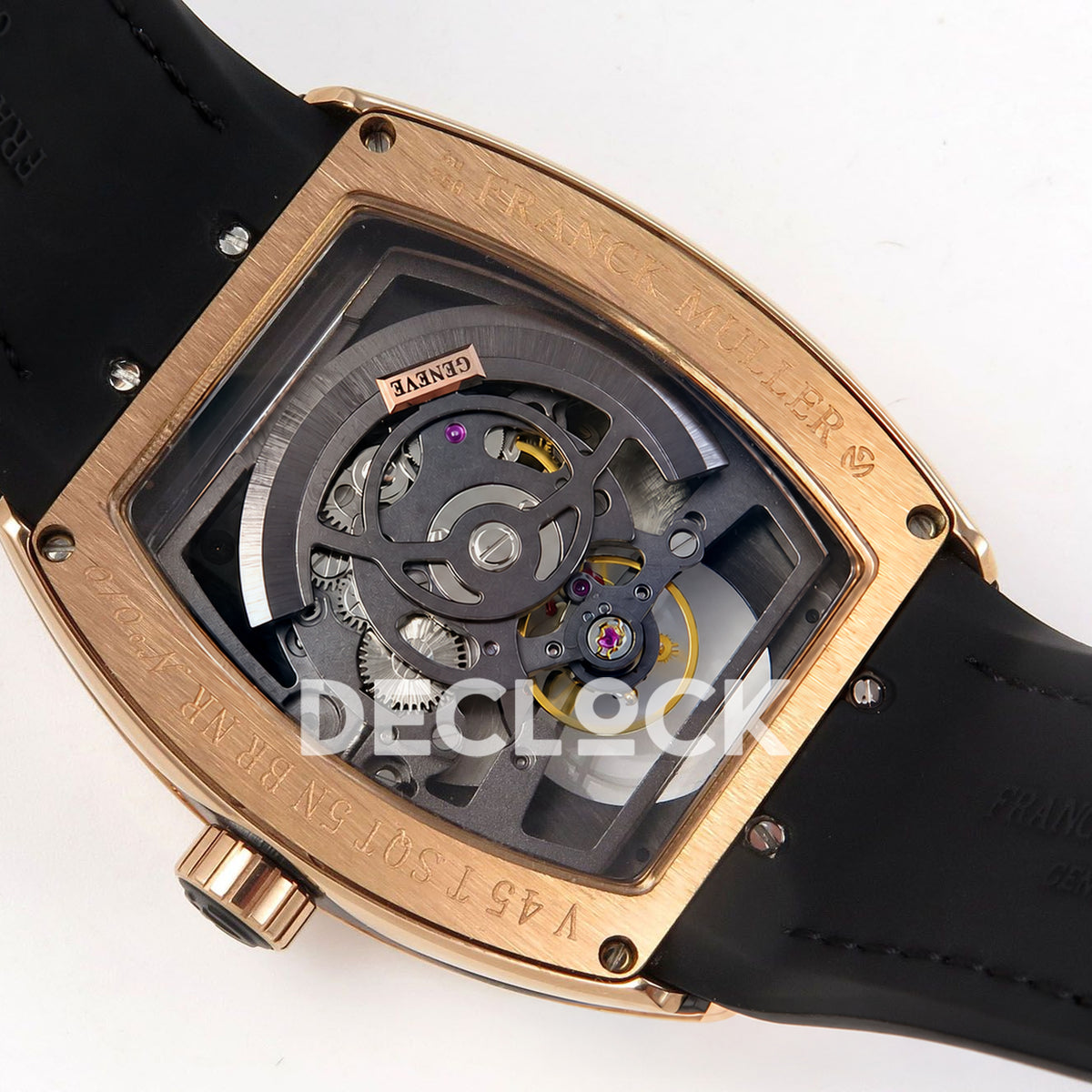Franck Muller Vanguard V45 Tourbillon Style Rose Gold Black Leather ABF replica - movement back angle