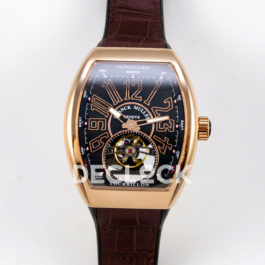 Franck Muller Vanguard V45 Tourbillon Style Rose Gold Brown Leather ABF replica - front