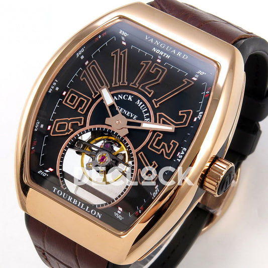 Franck Muller Vanguard V45 Tourbillon Style Rose Gold Brown Leather ABF replica - dial angle