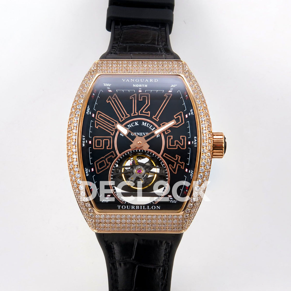 Franck Muller Vanguard V45 Tourbillon Style Rose Gold Gems Black Leather ABF replica - front