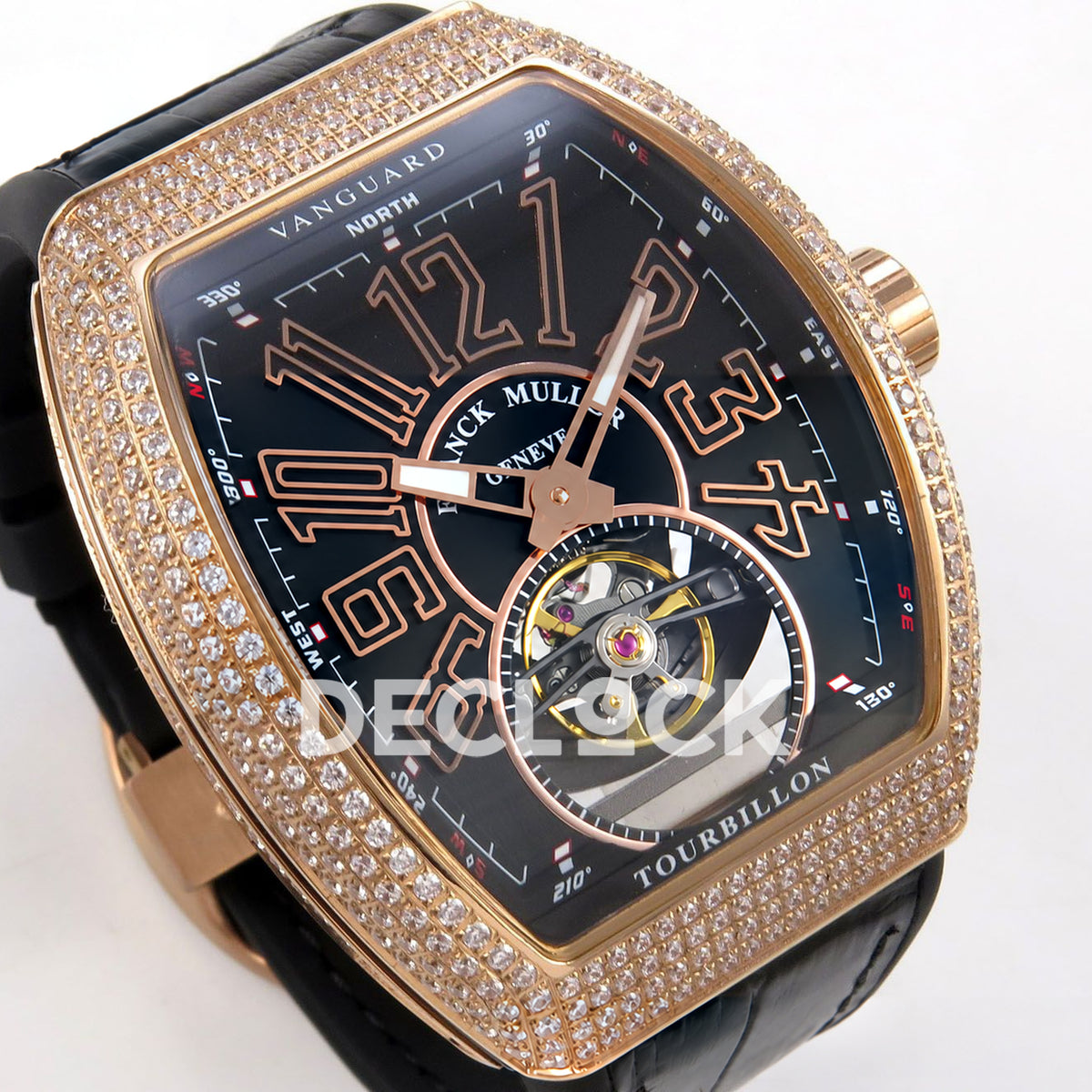 Franck Muller Vanguard V45 Tourbillon Style Rose Gold Gems Black Leather ABF replica - right three quarter