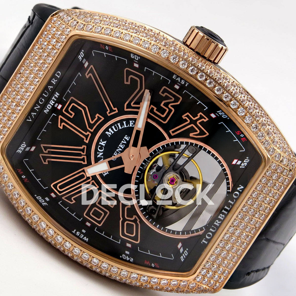 Franck Muller Vanguard V45 Tourbillon Style Rose Gold Gems Black Leather ABF replica - left three quarter