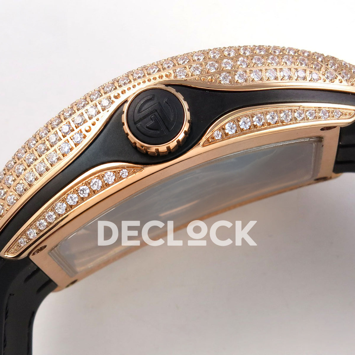 Franck Muller Vanguard V45 Tourbillon Style Rose Gold Gems Black Leather ABF replica - crown side