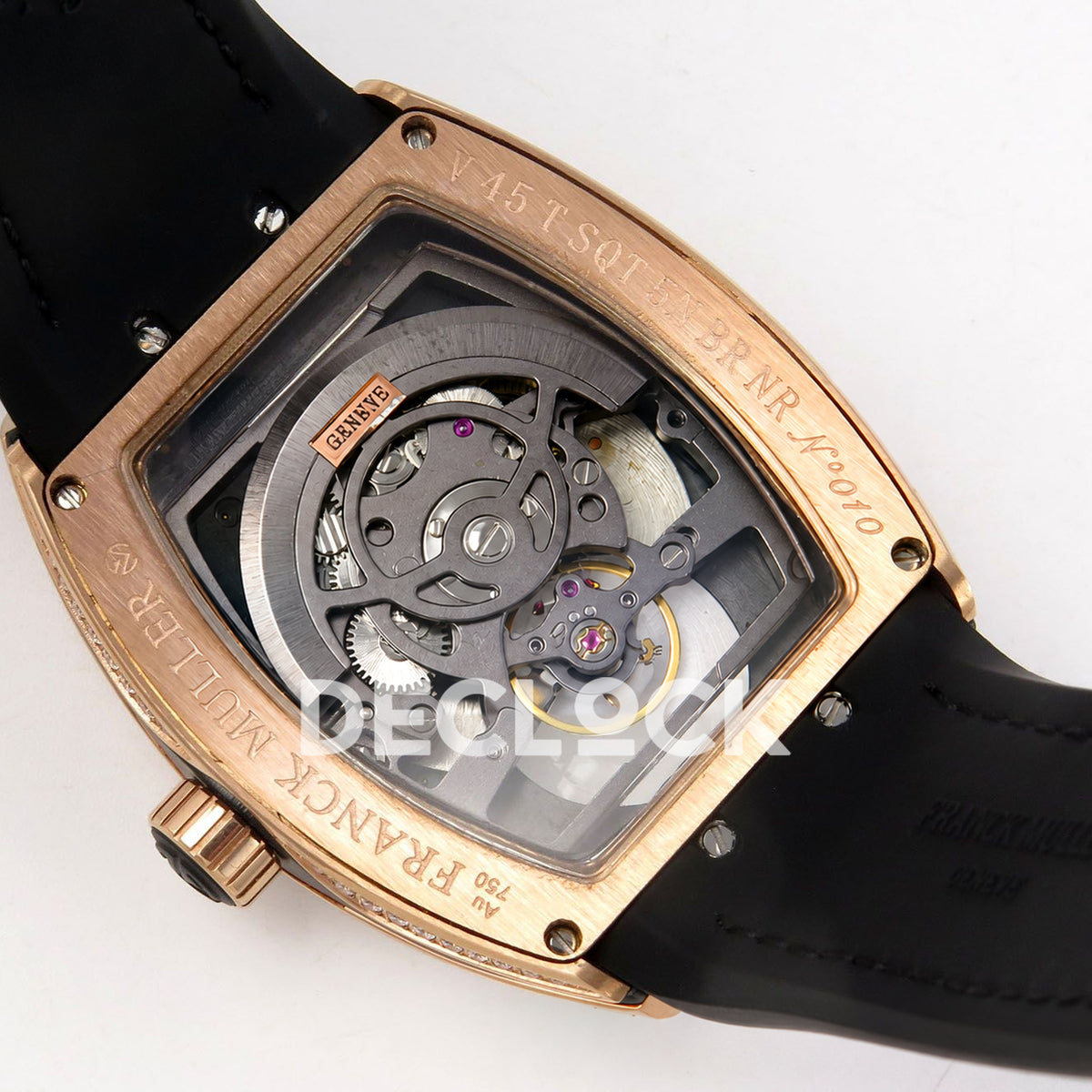Franck Muller Vanguard V45 Tourbillon Style Rose Gold Gems Black Leather ABF replica - movement back angle