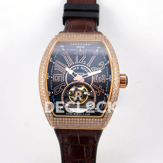 Franck Muller Vanguard V45 Tourbillon Style Rose Gold Gems Brown Leather ABF replica - front