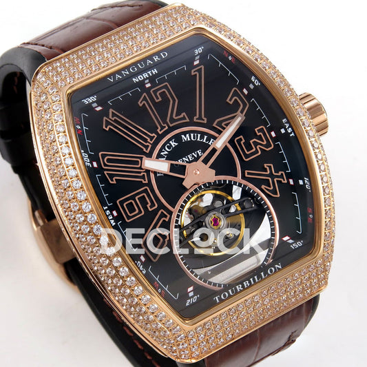 Franck Muller Vanguard V45 Tourbillon Style Rose Gold Gems Brown Leather ABF replica - three quarter right