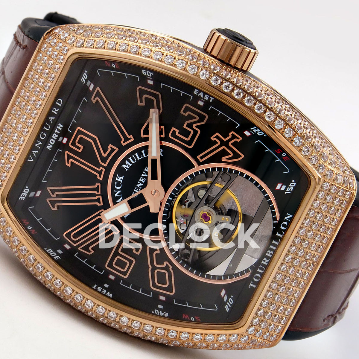 Franck Muller Vanguard V45 Tourbillon Style Rose Gold Gems Brown Leather ABF replica - three quarter left