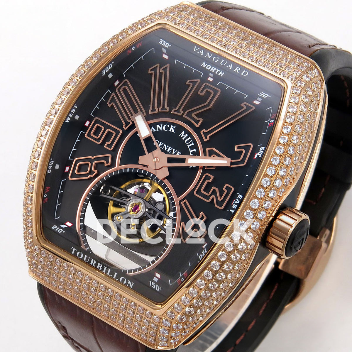 Franck Muller Vanguard V45 Tourbillon Style Rose Gold Gems Brown Leather ABF replica - dial angle