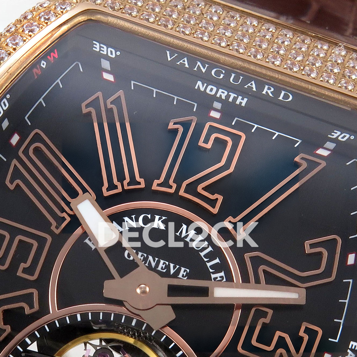 Franck Muller Vanguard V45 Tourbillon Style Rose Gold Gems Brown Leather ABF replica - arabic dial macro