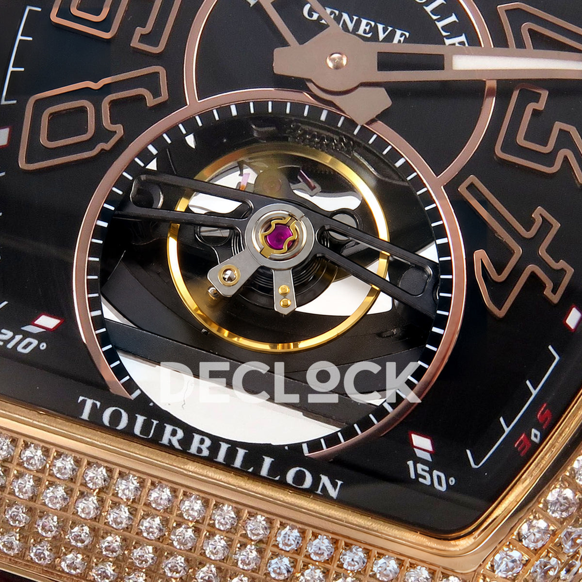 Franck Muller Vanguard V45 Tourbillon Style Rose Gold Gems Brown Leather ABF replica - open balance macro