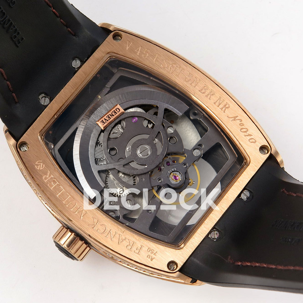 Franck Muller Vanguard V45 Tourbillon Style Rose Gold Gems Brown Leather ABF replica - movement back angle