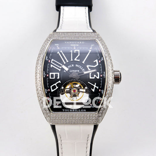 Franck Muller Vanguard V45 Tourbillon Style Steel Gems White Leather ABF replica - front