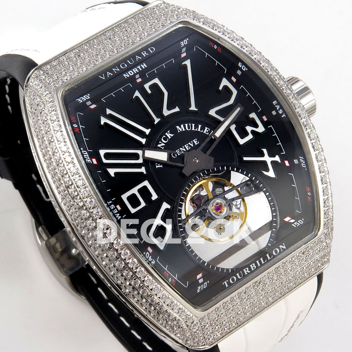 Franck Muller Vanguard V45 Tourbillon Style Steel Gems White Leather ABF replica - right three quarter