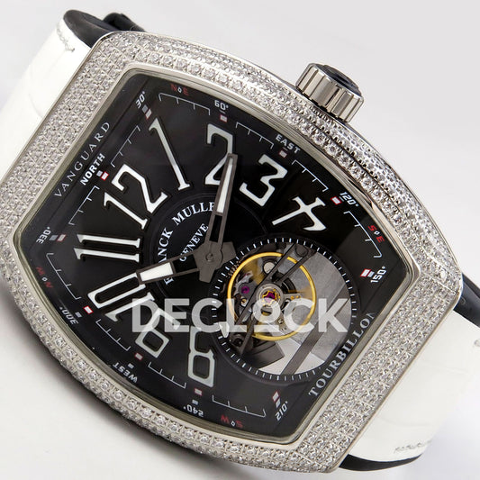 Franck Muller Vanguard V45 Tourbillon Style Steel Gems White Leather ABF replica - left three quarter